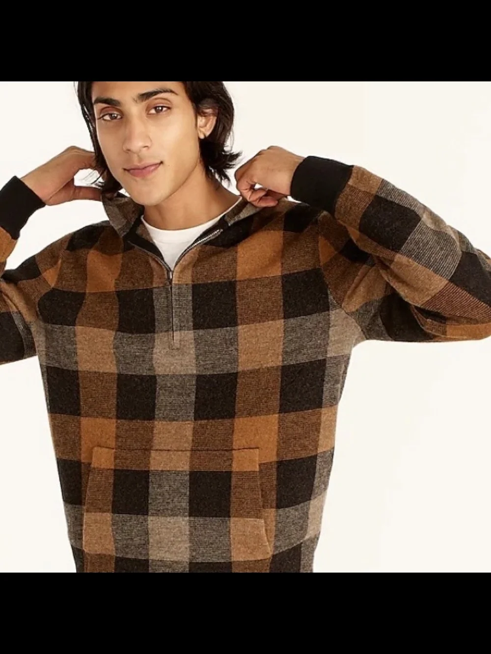 J. Crew Merino Wool Plaid Half-Zip Hoodie Sweater